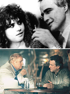 Arriba, Marlon Brando y María Schneider en  El último tango en París.   Abajo, el actor  junto a  Robert De Niro en   Un golpe maestro,   donde realiza un pequeño papel.  