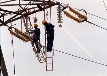 Unos operarios trabajan en unas torres de alta tensión en el río Besós, en Barcelona.