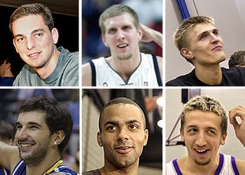 De izquierda a derecha y de arriba abajo, Pau Gasol, Dirk Nowitzki, Andrei Kirilenko, Predrag Stojakovic,  Tony Parker e Hidayet Turkoglu, seis de los muchos baloncestistas  norteamericanos  presentes en el torneo sueco.
