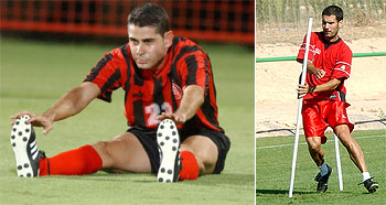Hierro, ayer durante su primer entrenamiento con el Qatar's Rayyan. A la derecha, Guardiola, también ayer, en el ensayo del Ciudad de Murcia.