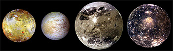 Composición fotográfica de los satélites de Júpiter Io, Europa, Ganímedes y Calisto (de izquierda a derecha), vistos por la nave  Galileo. 