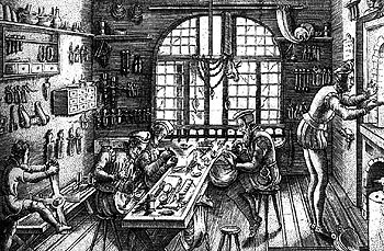 Grabado renacentista que representa un taller para la fabricación de monedas.