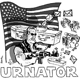 Viñeta satírica sobre el actor de  Terminator  aparecida en  Le Monde. 