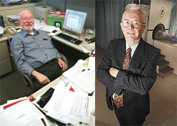 Paul Lauterbur, en su despacho en 2002, y Peter Mansfield, tras conocer su premio