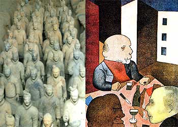 A la izquierda, los guerreros de Xi'an, tal como pueden verse en China. A la derecha,  El ser humano es bueno,  de Grosz, que se exhibirá en la exposición  La condición humana. 