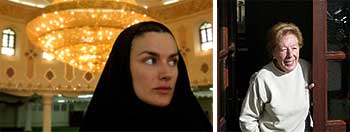 A la izquierda, la prometida del Príncipe de Asturias, en una mezquita de Basora (Irak). A la derecha, Menchu Álvarez del Valle, su abuela.rnrn EFE  PACO PAREDES