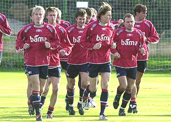 Los jugadores noruegos, ayer durante su entrenamiento en La Manga.