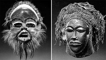 De izquierda a derecha,  Máscara de león,  de Luba (Congo), y  Máscara,  de madera, fibras y metal, de Chokwe (Congo).