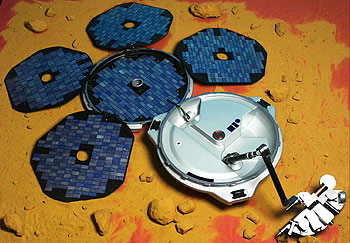 Ilustración de la sonda de descenso  Beagle,  tras abrirse en la superficie de Marte.