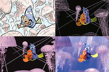 Distintas fases del proceso de un fotograma de 'Buscando a Nemo'