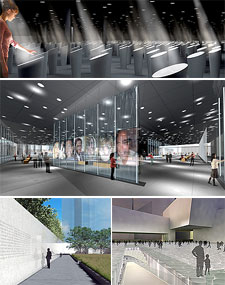 Los proyectos presentados para el monumento a las víctimas del 11-S con los títulos de  Jardín de luces, Monumento dual, Aguas bajas  y  Nube memorial  (de arriba abajo y de izquierda a derecha).