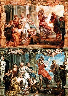 Boceto (arriba) y modelo de  Aquiles entre las hijas de Licomedes,  de Rubens.