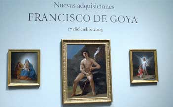 Los cuadros  Sagrada Familia, San Juan Bautista niño en el desierto   y   Tobías y el ángel,   de Goya, ayer en el Prado.  