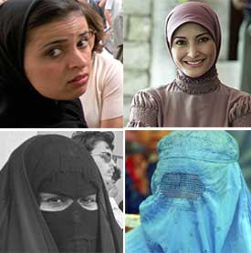 En las imágenes superiores, dos modelos de  hiyab . En las inferiores, mujeres con  niqab  (izquierda) y  burka .