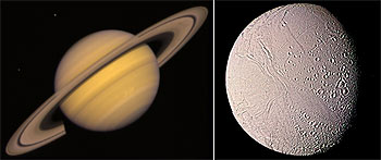 Saturno (izquierda) fue fotografiado por la  Voyager 2  en 1981; a la derecha, la superficie de Encélado, una de las lunas del mismo planeta de los anillos.