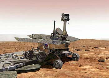 Imagen diseñada por ordenador del  Spirit  trabajando en el planeta vecino.