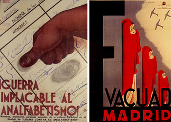 Algunos de los carteles de la Fundación Pablo Iglesias que se exponen hasta el 21 de febrero en el Círculo de Bellas Artes de Madrid. De izquierda a derecha:  ¡Guerra implacable al analfabetismo!  (Anónimo, 1937), y  Evacuad Madrid  (1937), de Cañavate.