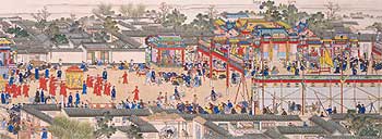 Una de las pinturas realizadas sobre rollos de seda que se exhiben en la exposición de Versalles sobre el reinado del emperador Kangxi.