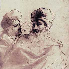  Dos hombres discutiendo , de Guercino, hacia 1650, pluma, tinta parda y aguada parda.