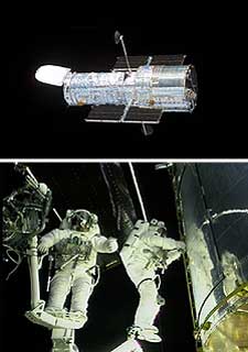 El  Hubble,  fotografiado desde el transbordador en 2002 durante la tercera misión de servicio (arriba), y dos astronautas trabajando junto al telescopio (a la derecha), fijado en la bodega del transbordador en la misión de 1999.