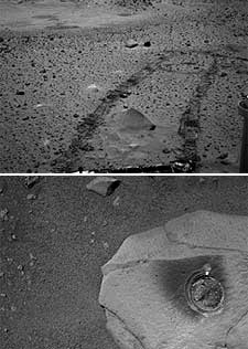 Rodadas del  Spirit  junto a la roca Adirondack, en la que hizo un agujero (abajo).