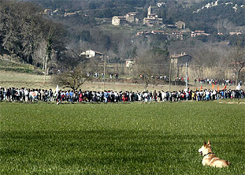 Parte de la columna de manifestantes que recorrió ayer la Vall d'en Bas para pedir la paralización del túnel de Bracons.