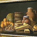  Bodegón con naranjas, plato de nueces, melón, cajas de dulces y recipientes  (1772), en la exposición de Luis Meléndez.