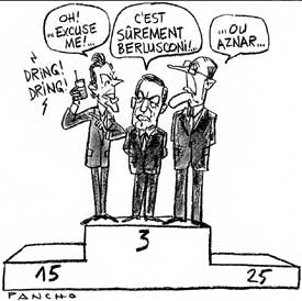 Viñeta de Pancho publicada ayer por  Le Monde . Tony  Blair recibe una llamada telefónica y dice: 