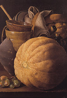 'Bodegón con melón cantalupo, uvas, puchero, cesta con pan y objetos de mesa'.