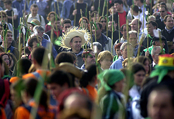 Un romero tocado con un sombrero de paja destacaba ayer entre los asistentes a la romería  de les canyes. 
