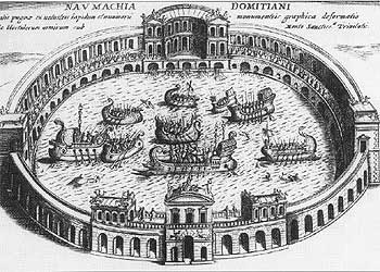 Grabado de G. Lauro que reconstruye una naumaquia clásica o representación de batallas navales ficticias.