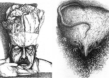 A la izquierda, autorretrato de Grass; a la derecha, la litografía  Ratesa de la A a la Z. 