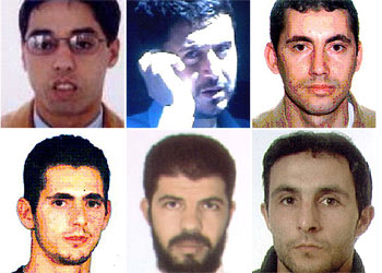 De izquierda a derecha y de arriba abajo, Jamal Ahmidan,  El Chino;  Sarhane Ben Abdelmajid Fakhet,  El Tunecino;  Rachid Oulad; su hermano Mohamed Oulad; Agdennabi Kounjaa,  Abdallah,  y Said Berraj.