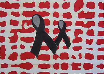 Dos lazos negros se unen formando la M de Madrid sobre un mar de formas rojas en la obra de Juan Uslé.