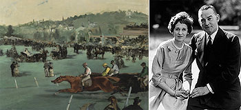 A la izquierda,  Carreras en el bosque de   Boulogne,  de Édouard Manet, óleo que puede alcanzar los 30 millones de dólares. A la derecha, John Hay Whitney y su esposa, Betsey Cushing Roosevelt, propietarios de las obras más importantes de las subastas.