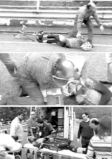 Secuencia de imágenes de TVE, en las que se observa al médico de la Vuelta a Asturias atender a Contador.