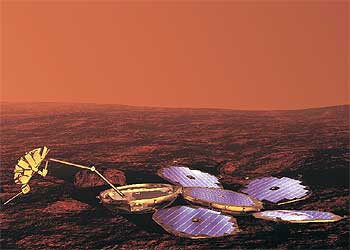 Ilustración del módulo británico  Beagle-2,  según estaba previsto que se desplegase en el suelo de Marte.