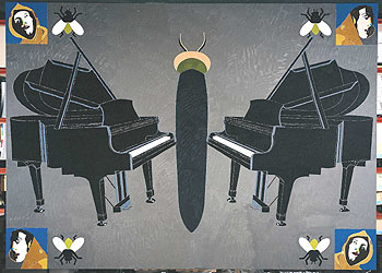  Piano, místico y cuatro moscas   (2000),  óleo sobre lienzo de Eduardo Arroyo expuesto en el Museo de Arte Contemporáneo de Unión Fenosa de A Coruña.