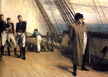 Napoleón, a bordo del  Bellerophon  inglés rumbo a Santa Elena, en un cuadro de William Quiller Orchardson (Tate Gallery), exhibido en la exposición del Museo Nacional de la Marina, en París.