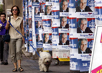 Una mujer pasea a su perro por una calle de Belgrado repleta de carteles del candidato reformista Boris Tadic.