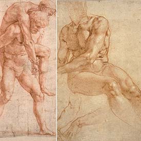 A la izquierda,  Joven transportando a un viejo,  de Rafael; a la derecha,  Desnudo de joven sentado y dos estudios de brazo,  de Miguel Ángel.