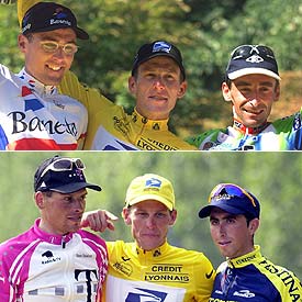 En la foto de la izquierda Álex Zülle (que fue segundo), Armstrong y Fernando Escartín (tercero), en el podio de 1999; y en la foto de la derecha Jan Ullrich, Armstrong y Joseba Beloki, en 2000.