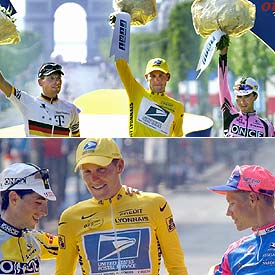 En la foto de la izquerda Ullrich, Armstrong y Beloki, en 2001; a la derecha Beloki, Armstrong y Raimondas Rumsas, en 2002.