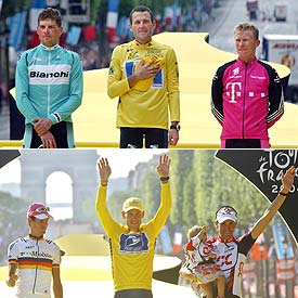 En la foto de la izquierda Ullrich, Armstrong y Alexander Vinokurov, en 2003; a la derecha Andreas Klöden, Armstrong e Ivan Basso, ayer, en el podio de París.