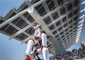 Una agrupación de  falcons  realizó su exhibición bajo la gran placa fotovoltaica del Fórum.