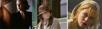 De izquierda a derecha, Nicole Kidman en el filme  Los otros,  de Alejandro Amenábar; en el papel de Virginia Woolf en  Las horas,  dirigida por Stephen Daldry, y en el filme  Dogville,  de Lars von Trier.