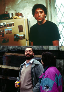   arriba, como Reinaldo Arenas, en   Antes que anochezca,   y abajo en un momento de   Los lunes al sol,   donde da vida al parado Santa. 