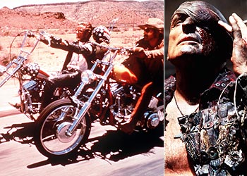 De izquierda a derecha, Dennis Hopper en fotogramas de  Easy rider y Waterworld.