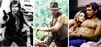 De izquierda a derecha, Harrison Ford en el papel de Han Solo en  La guerra de las galaxias,  caracterizado como Indiana Jones y en una escena de  Lo que la verdad esconde  con Michelle Pfeiffer.