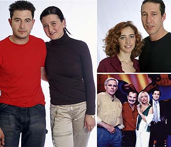 Mónica y David. Arriba, Amneris y Nabor; los cuatro concursaron en  La casa de tu vida.  Abajo, colaboradores de  Tómbola. 